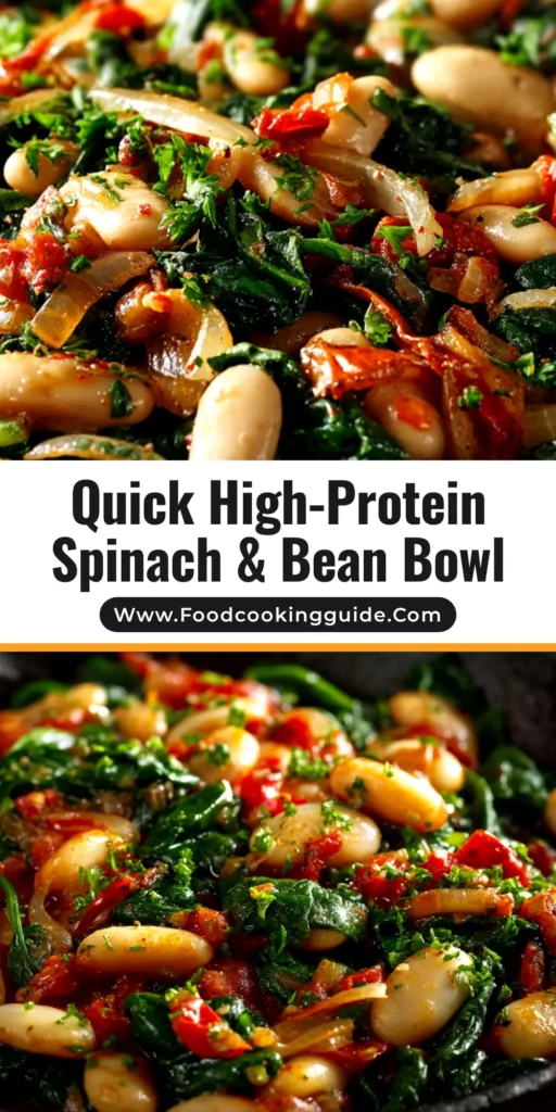A close-up overhead shot of the finished Spinach and White Bean Recipe in a rustic skillet, ready to be served. The text overlay reads 'Quick & Healthy Spinach and White Bean Skillet'.