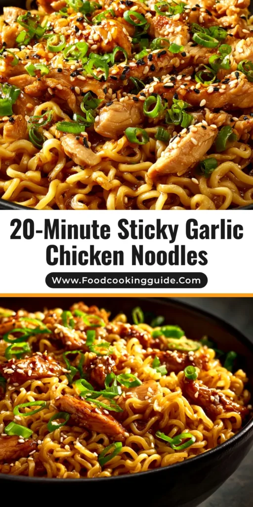 A top-down view of a black bowl filled with delicious Sticky Garlic Chicken Noodles, garnished with fresh green onions and sesame seeds.