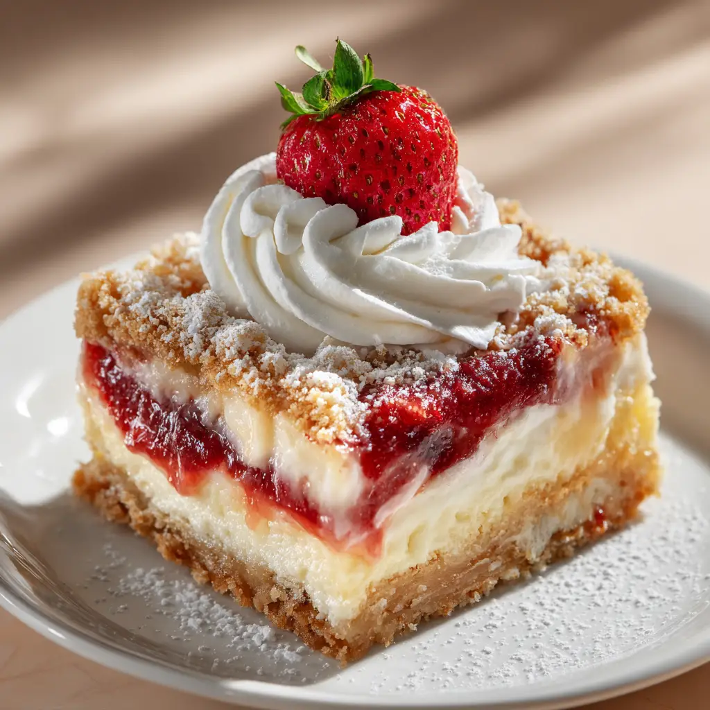 The ingredients for the dump cake recipe arranged on a countertop, including cake mix, strawberry pie filling, butter, and cream cheese.
