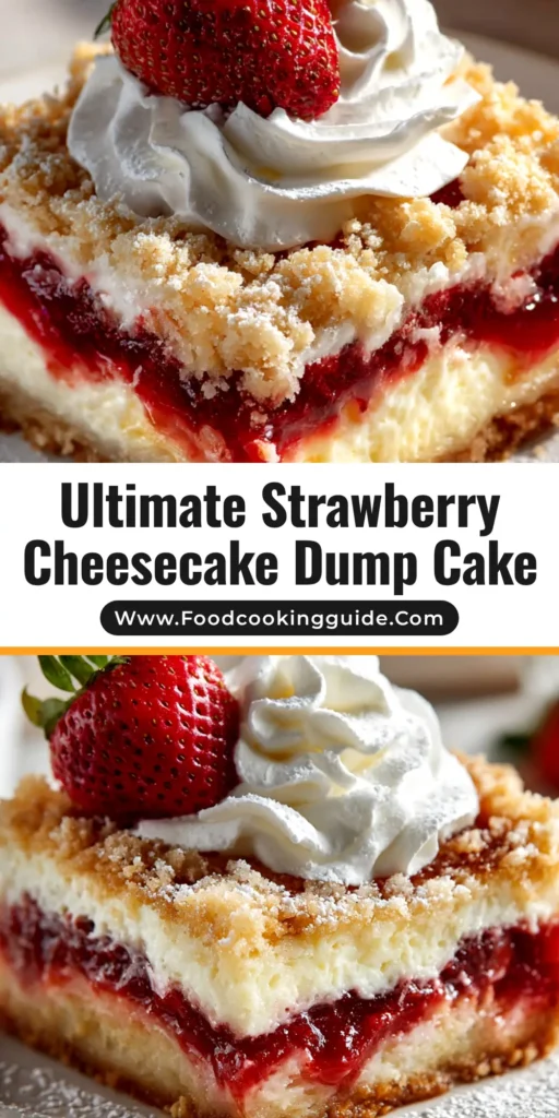 A top-down view of a freshly baked Strawberry Cheesecake Dump Cake in a white baking dish, showing the golden buttery topping and bubbly strawberry filling.
