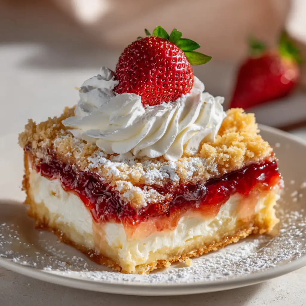 A close-up square slice of strawberry cheesecake dump cake on a white plate, served with a scoop of vanilla ice cream.