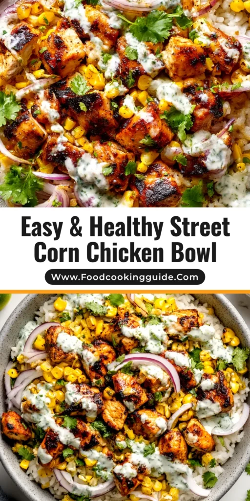 An overhead shot of a delicious Street Corn Chicken Rice Bowl, featuring charred corn salsa, seasoned chicken, and a creamy chili-lime drizzle over a bed of cilantro rice.