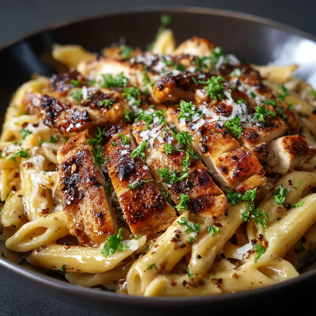 A close-up shot of the honey pepper chicken and pasta in a skillet. The chicken is golden brown, and the bell peppers add a pop of color.
