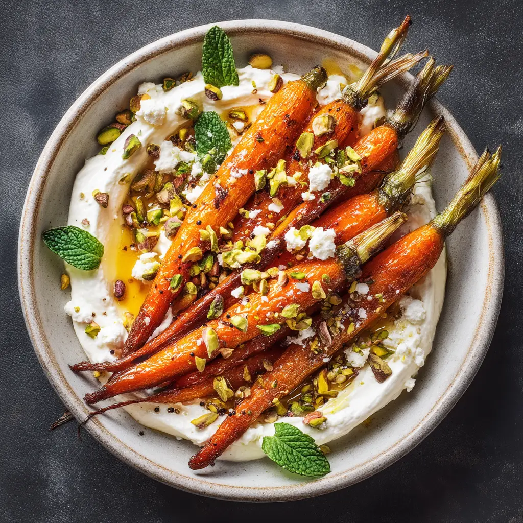An overhead shot of sweet and spicy roasted carrots on a baking sheet, fresh out of the oven and perfectly caramelized.