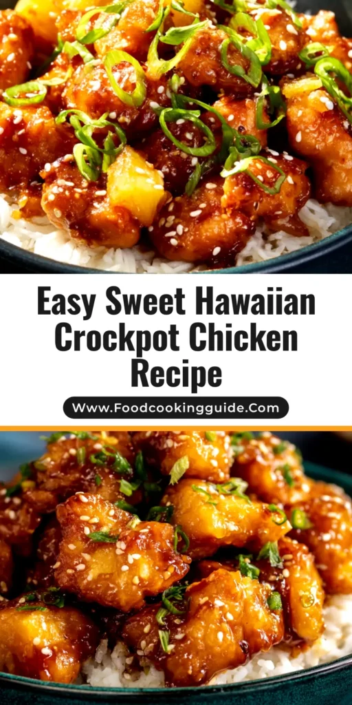 A top-down view of delicious Sweet Hawaiian Crockpot Chicken in a white bowl, served over rice and garnished with green onions. The perfect easy slow cooker recipe.