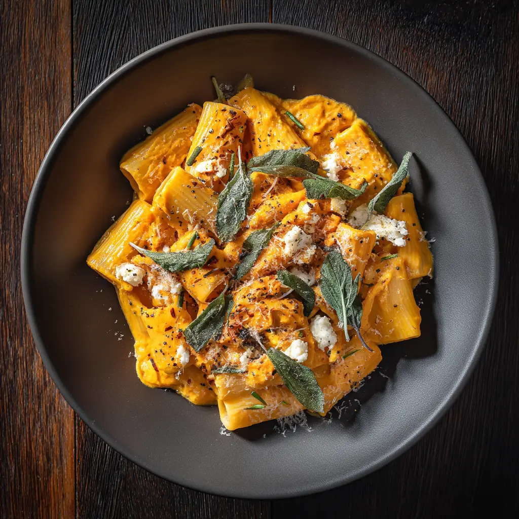 An overhead shot of sweet potato and goat cheese pasta in a rustic bowl, ready to be served for a weeknight dinner.