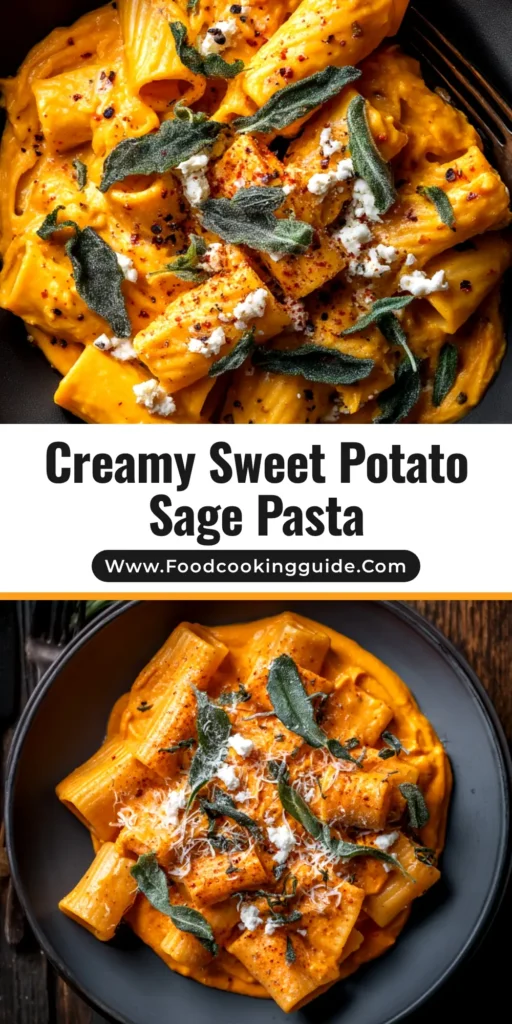 A stunning overhead shot of Sweet Potato Goat Cheese Pasta in a white bowl, garnished with crispy sage. The creamy orange sauce coats every piece of rigatoni.