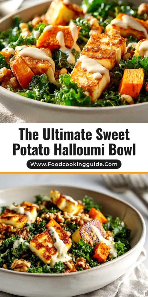 An overhead shot of a delicious Sweet Potato Halloumi Bowl, with perfectly seared halloumi, roasted sweet potatoes, fresh greens, and a creamy tahini dressing.