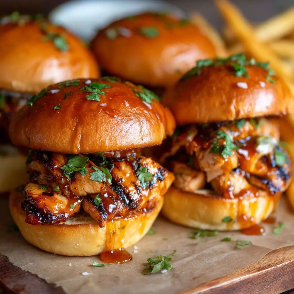 Honey Chipotle Chicken Sliders: The Ultimate Sweet & Spicy Treat 2 A close-up shot of three sweet and spicy chicken sliders, highlighting the texture of the tender, shredded chipotle chicken filling.
