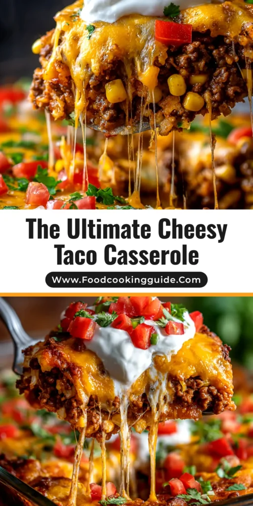 A delicious and cheesy Taco Casserole Recipe baked in a white dish, with a slice being served onto a plate. The perfect easy weeknight dinner idea.