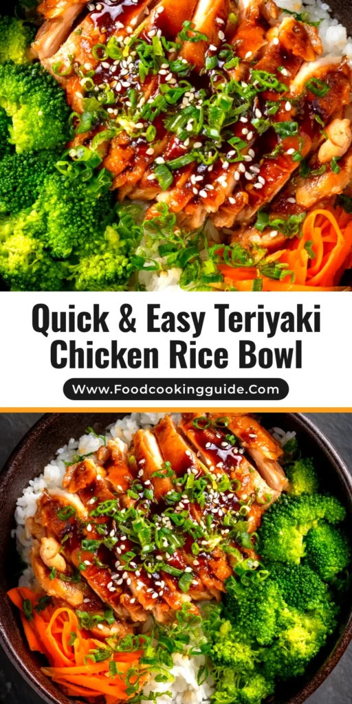 A vibrant Teriyaki Chicken Rice Bowl in a white bowl, showing juicy chicken, broccoli, and carrots, garnished with sesame seeds. The perfect easy weeknight dinner idea.