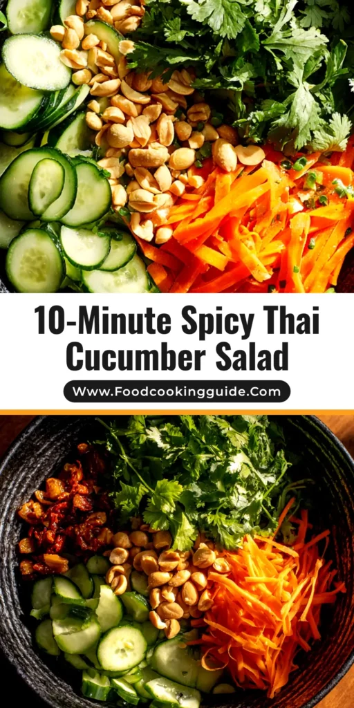 A vibrant overhead shot of a Thai Cucumber Salad in a white bowl, garnished with peanuts and cilantro. The perfect pin to showcase this easy and refreshing recipe.