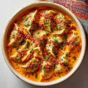 An overhead shot of the Trader Joe's dumpling casserole fresh out of the oven, with bubbly sauce and a perfectly melted cheese topping.