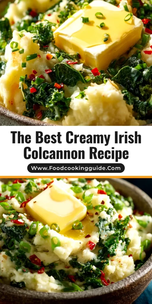 A large bowl of traditional Irish Colcannon recipe, featuring creamy mashed potatoes mixed with vibrant green kale, with a pat of butter melting in the center.