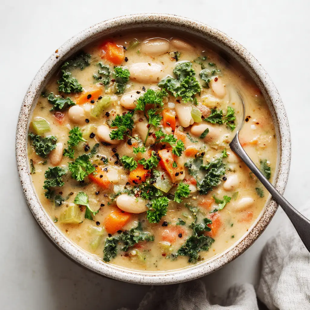 A bowl of rustic cannellini bean soup, filled with kale and vegetables, viewed from overhead. The perfect hearty and healthy meal.