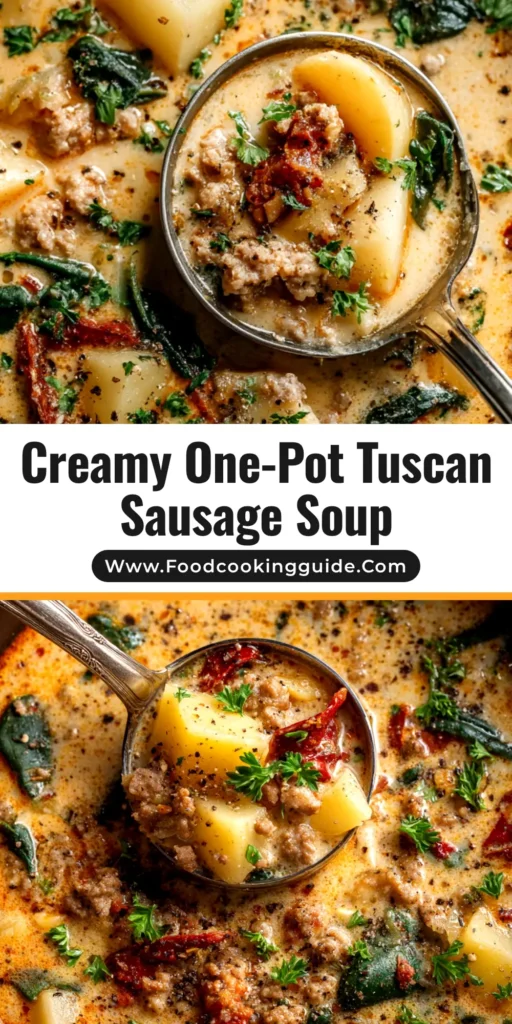 A large white bowl filled with creamy Tuscan Sausage and Potato Soup, garnished with fresh kale and parmesan cheese. A spoon rests in the bowl, ready to eat.