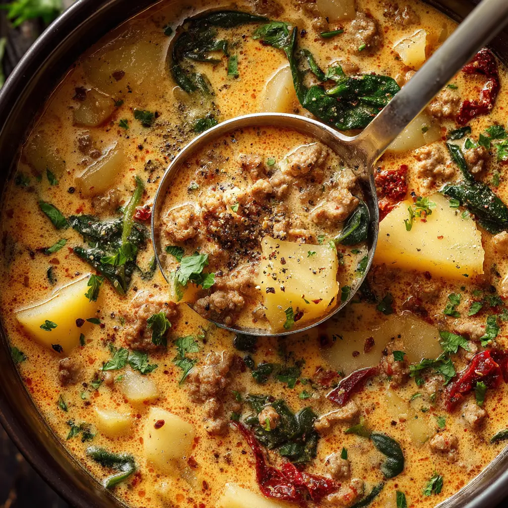 An overhead shot of a rustic table setting featuring a bowl of homemade Zuppa Toscana, showcasing the creamy broth, chunks of sausage, potatoes, and wilted kale.