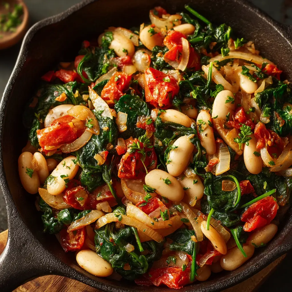 A savory skillet filled with the Tuscan white bean and spinach recipe, garnished with fresh parmesan cheese and a lemon wedge on the side.