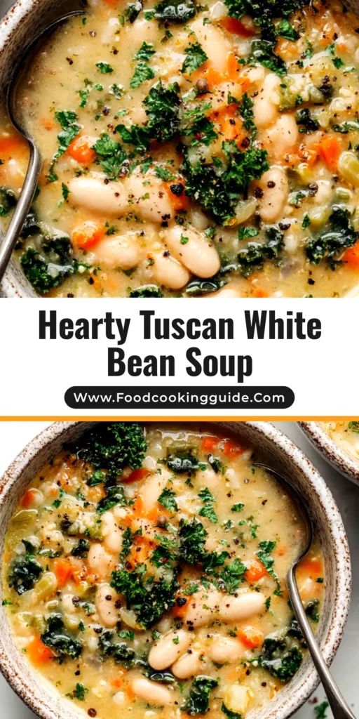Tuscan White Bean Soup (The Ultimate Hearty Recipe) 3 A beautiful overhead shot of a bowl of hearty Tuscan White Bean Soup, garnished with fresh herbs and Parmesan cheese, ready to be shared.