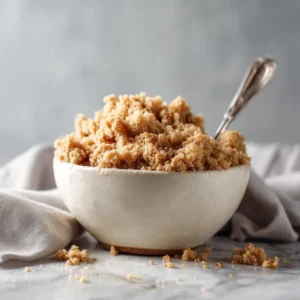 A rustic white ceramic bowl filled with uncooked crumble topping. Chunks of cold butter are visible in the flour and sugar mixture, showing the ideal texture before baking.