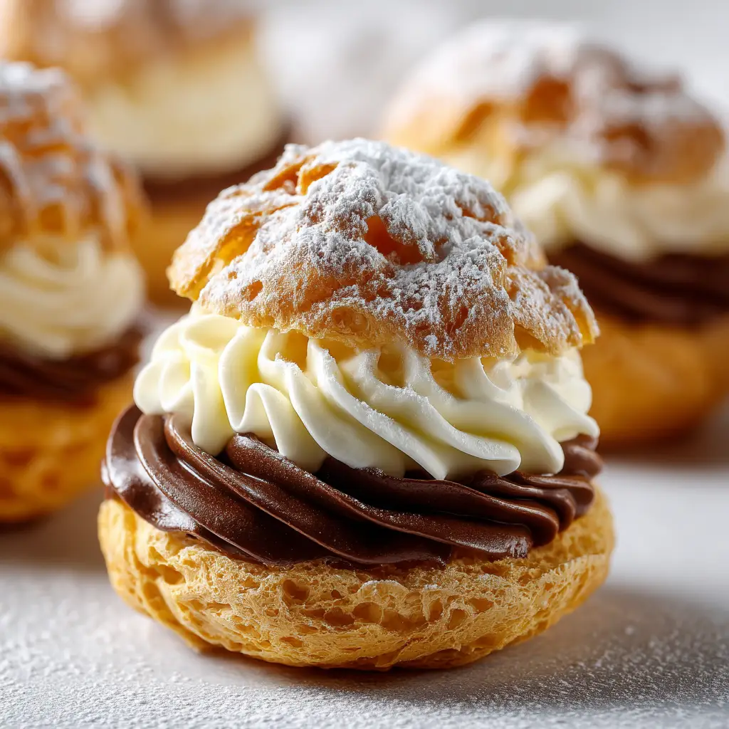 A spoonful of smooth, rich vanilla pastry cream being prepared for the cream puff filling, showing its luscious texture.