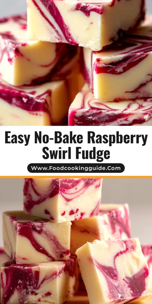 An overhead shot of creamy white chocolate raspberry fudge cut into squares and arranged on parchment paper. The title reads 'White Chocolate Raspberry Fudge'.
