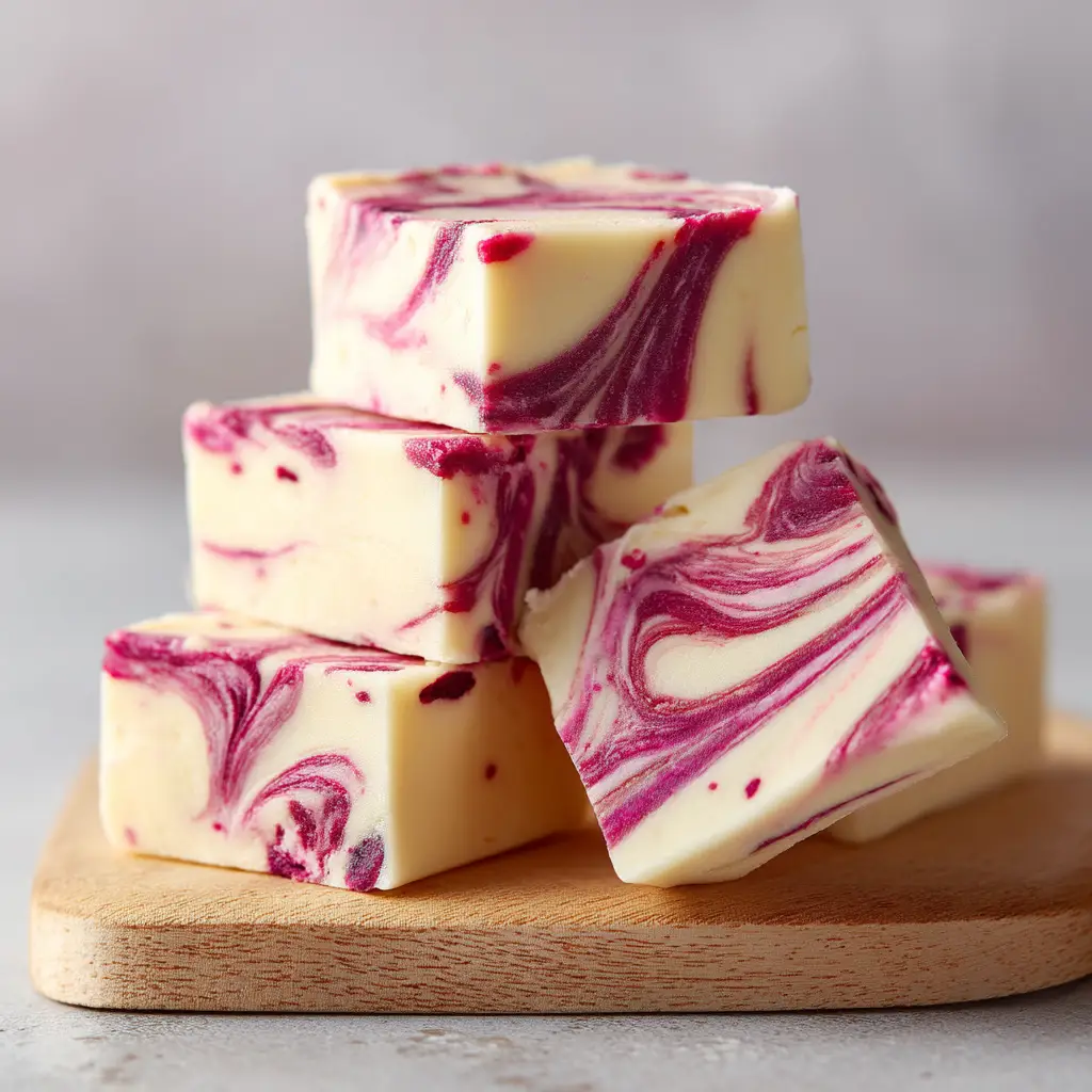 Several pieces of white chocolate raspberry swirl fudge arranged on a rustic wooden board, ready to be served.