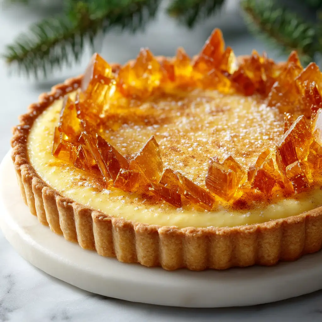 A whole eggnog tart presented on a white platter, decorated with piped whipped cream, showcasing it as an elegant holiday centerpiece.