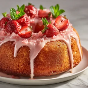 A whole strawberry pound cake on a cake stand, with a vibrant pink glaze dripping down the sides, ready to be served.