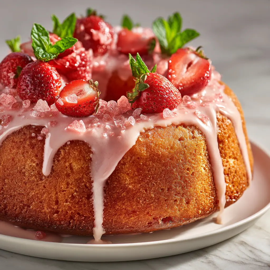 A whole strawberry pound cake on a cake stand, with a vibrant pink glaze dripping down the sides, ready to be served.