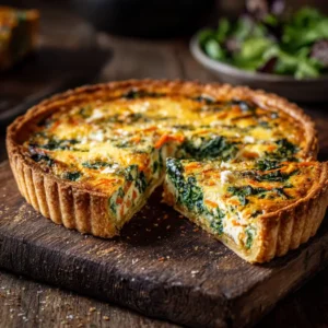 A beautiful whole winter vegetable quiche cooling on a wire rack, with a golden, flaky crust and a savory vegetable and cheese filling.