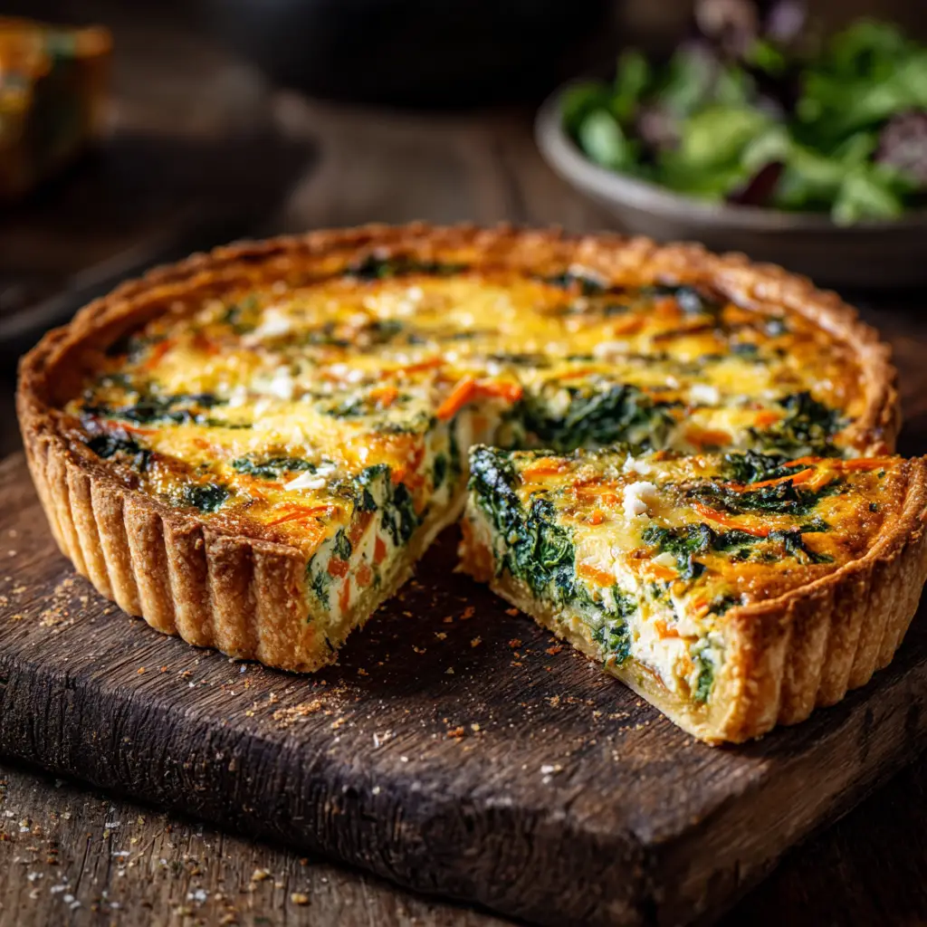 A beautiful whole winter vegetable quiche cooling on a wire rack, with a golden, flaky crust and a savory vegetable and cheese filling.