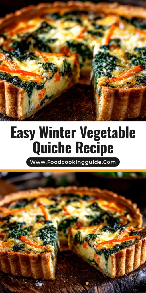 An overhead shot of a freshly baked winter vegetable quiche with a golden-brown crust, ready to be served. The perfect hearty brunch recipe.