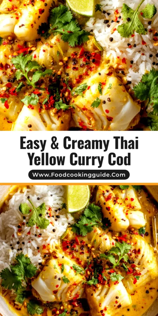 Yellow Curry Poached Cod: A 30-Minute, One-Pan Wonder 3 A beautiful overhead shot of Yellow Curry Poached Cod in a white bowl, garnished with fresh cilantro and a lime wedge, ready to be pinned.