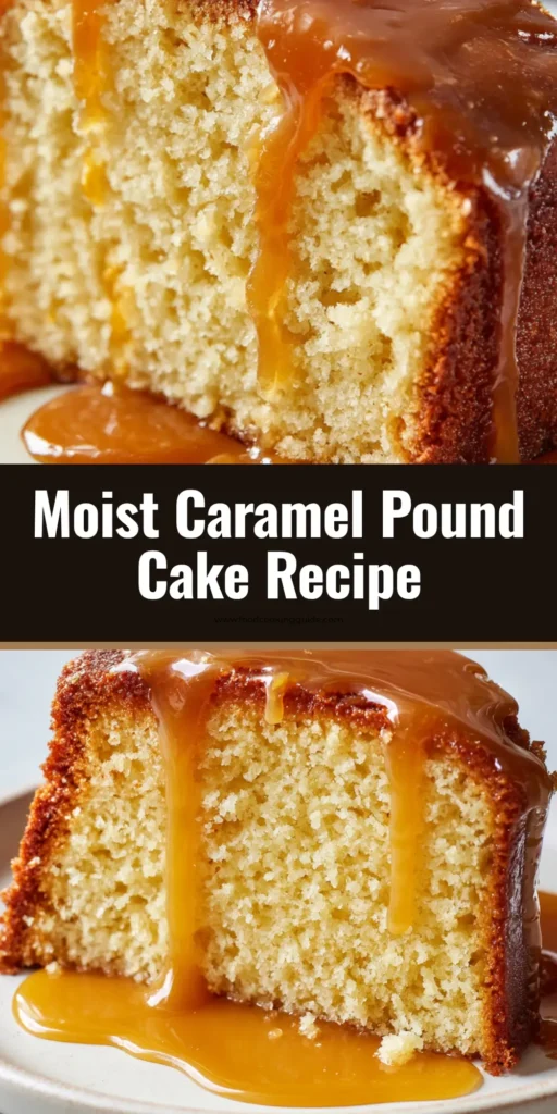 A thick slice of Brown Sugar Caramel Pound Cake with a glossy amber caramel glaze dripping down the sides.