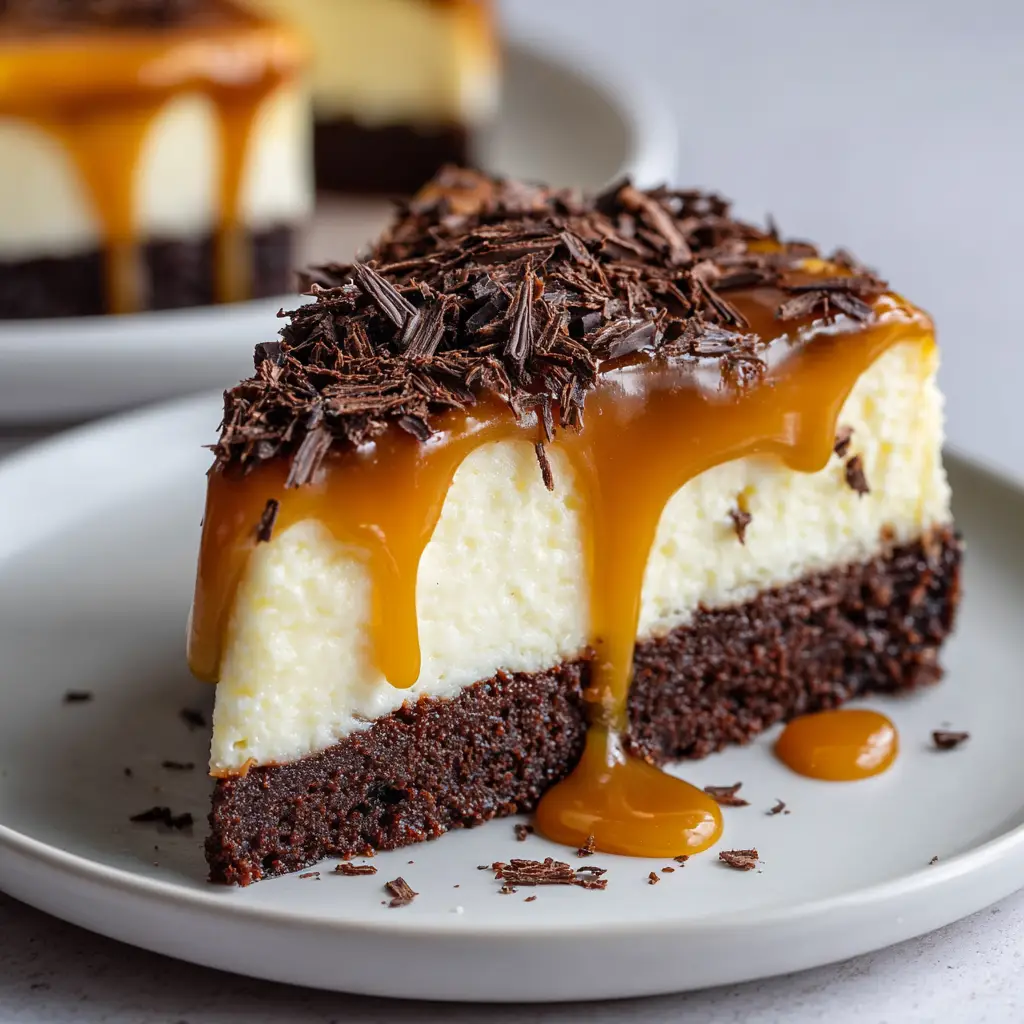 Close-up of golden-amber caramel sauce pooling on a white dessert plate next to the Caramel Brownie Cheesecake slice.