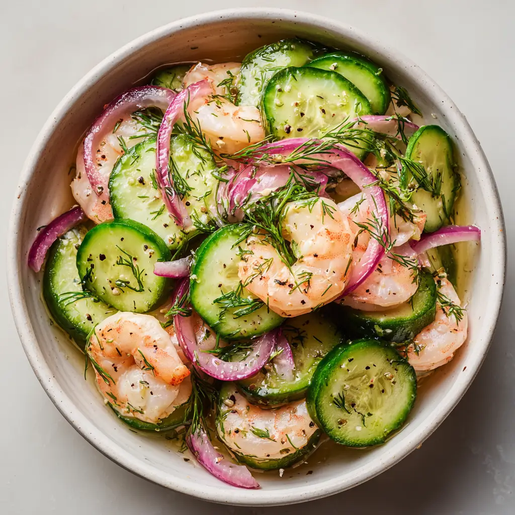 An overhead view of the Cucumber Shrimp Salad in a shallow white ceramic bowl, highlighting the glossy vinaigrette and specks of black pepper.