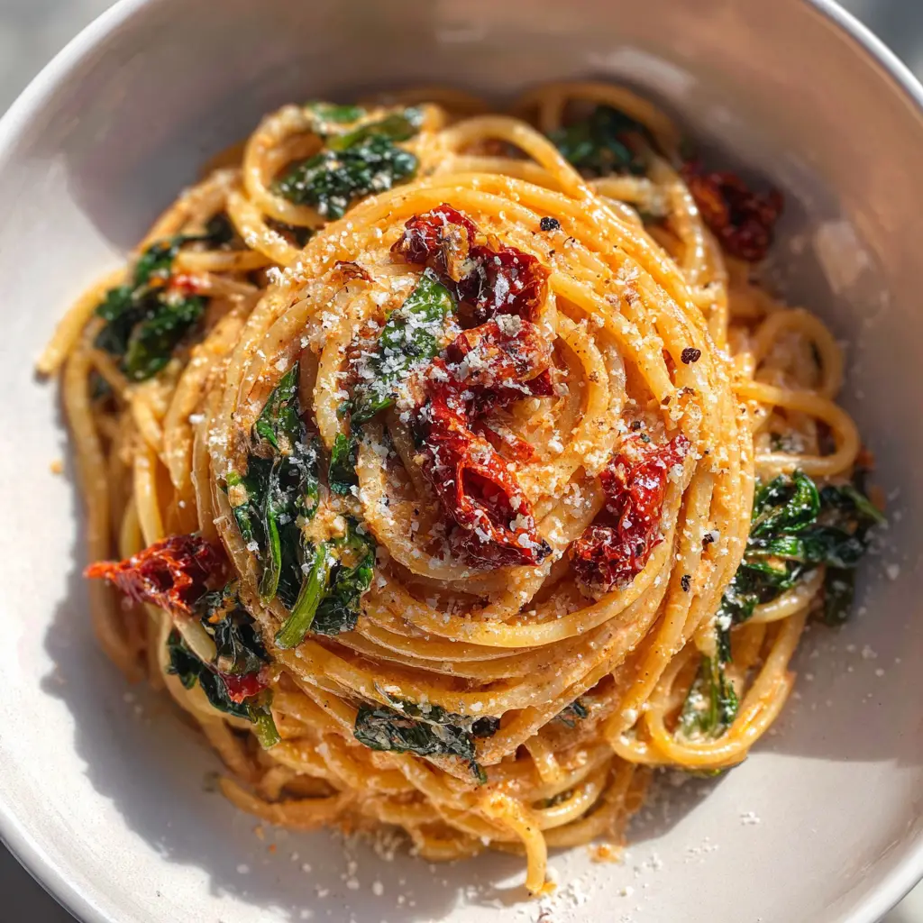 Sun-Dried Tomato Spinach Pasta: The Ultimate 30-Minute Creamy Dream 1 A slightly different angle of the Sun-Dried Tomato Spinach Pasta, showing a mound of spaghetti twirled in the center of the bowl, garnished with finely grated Parmesan cheese and black pepper flakes.
