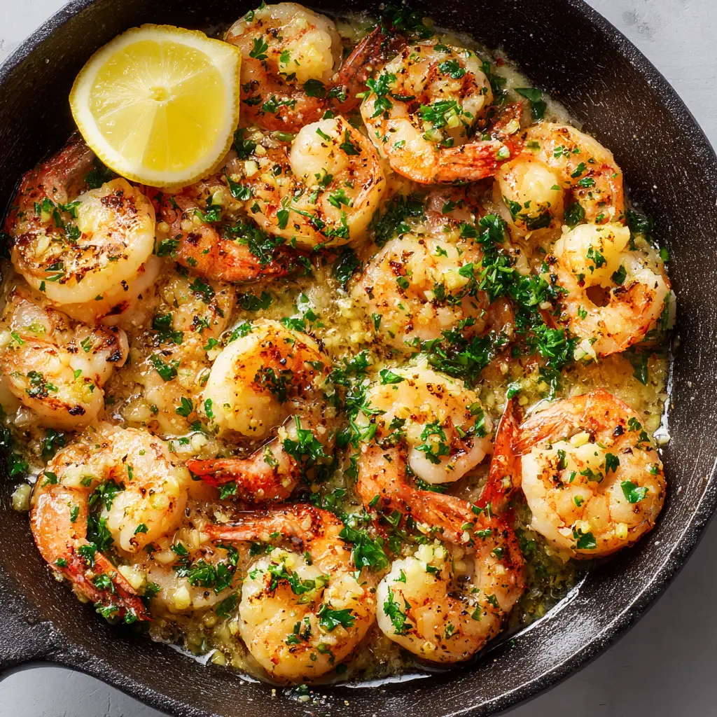 A rustic dark cast-iron skillet filled with garlic butter shrimp, garnished with fresh green parsley and a yellow lemon wedge on the side.