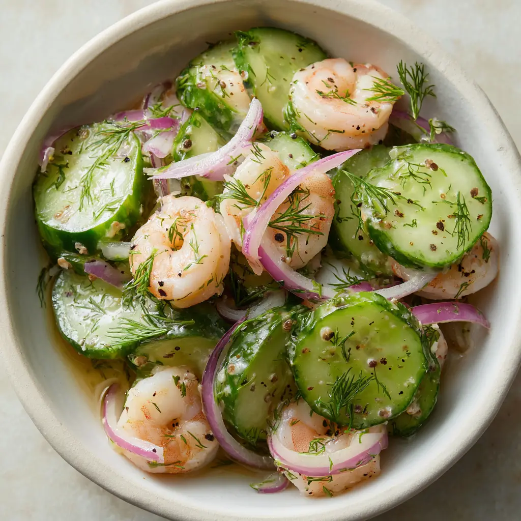 A close-up detail shot of the Cucumber Shrimp Salad, showing the texture of the crisp cucumber, tender shrimp, and fresh dill.