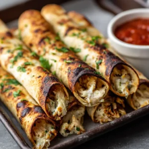 A close-up shot of baked cream cheese chicken taquitos lined up on parchment paper on a dark baking sheet. The taquitos are golden-brown with visible creamy chicken and green chile filling. (Baked Cream Cheese Chicken Taquitos)