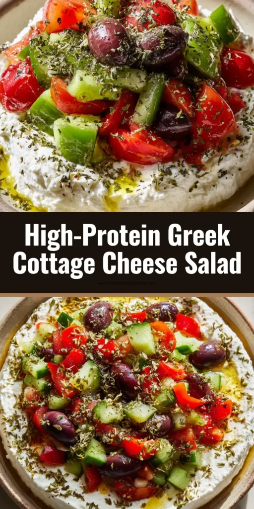 A close-up overhead shot of a Greek cottage cheese salad in a white ceramic bowl. The base is creamy cottage cheese, topped with fresh diced cucumber, halved cherry tomatoes, chopped bell peppers, and Kalamata olives, drizzled with olive oil and sprinkled with oregano.