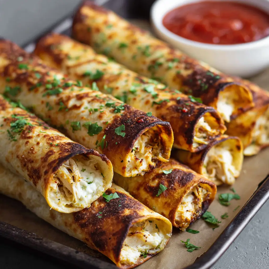 Baked Cream Cheese Chicken Taquitos: The Ultimate Crispy & Creamy Delight 1 An overhead view of crispy baked chicken taquitos garnished with fresh cilantro, with a small white bowl of smooth red salsa in the corner.
