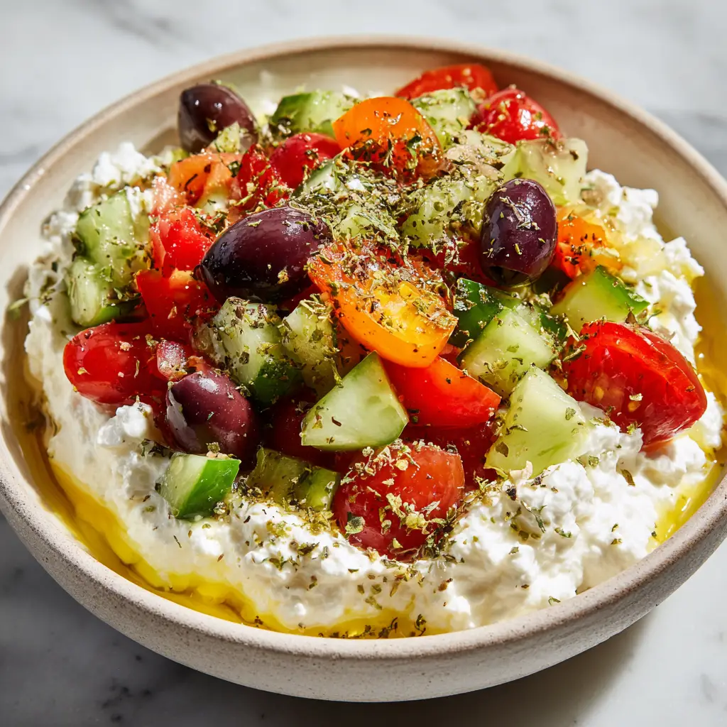 A close-up view of the Greek cottage cheese salad, showing the texture of the lumpy cottage cheese and the fresh, raw vegetables piled on top. A golden drizzle of olive oil catches the natural daylight.