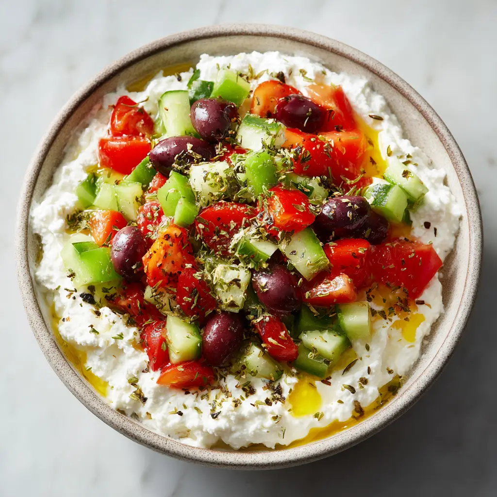 An angled shot of the Greek cottage cheese salad, highlighting the gloss of the Kalamata olives and the vibrant colors of the chopped peppers and tomatoes against the white cheese.
