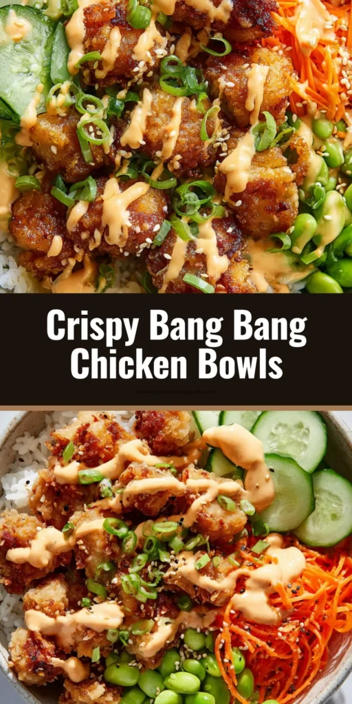 The Ultimate Bang Bang Chicken Bowl: Crispy, Creamy, and Irresistible 4 A close-up overhead shot of a Bang Bang Chicken Bowl in a ceramic bowl, featuring crispy chicken, spicy orange sauce, cucumbers, carrots, and edamame over rice.
