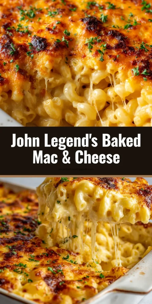 A close-up pin image of the finished John Legend Mac and Cheese in a white baking dish, showing the crispy golden crust and a gooey cheese pull.