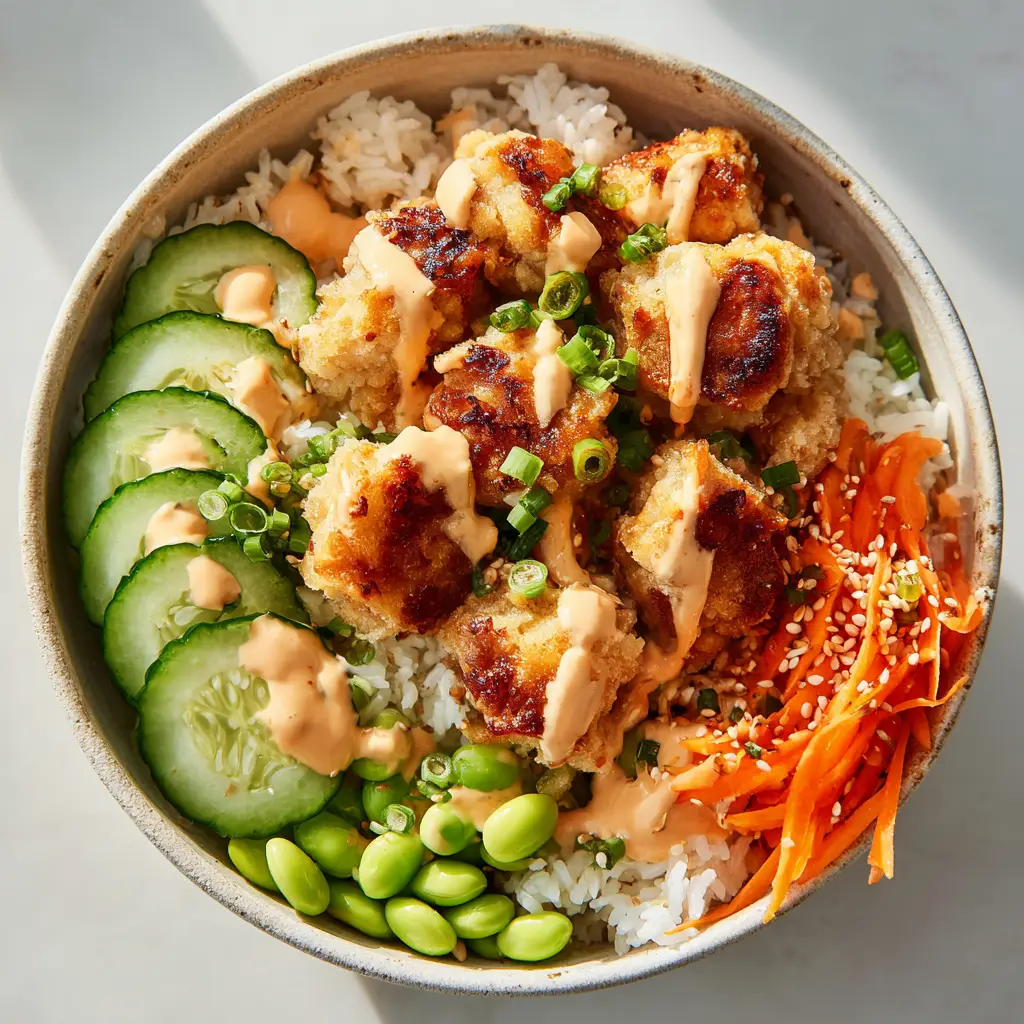 A detailed close-up of a Bang Bang Chicken Bowl. Golden fried chicken is drizzled with a creamy pale orange sauce, next to fresh cucumbers and carrots.