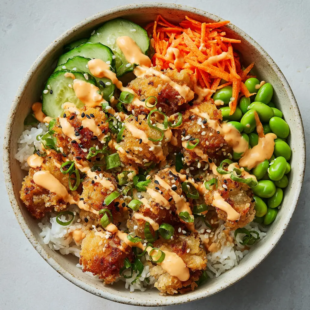 The Ultimate Bang Bang Chicken Bowl: Crispy, Creamy, and Irresistible 1 A fully assembled Bang Bang Chicken Bowl showing all the components: rice, chicken, sauce, sliced cucumbers, shredded carrots, edamame, and sesame seeds.