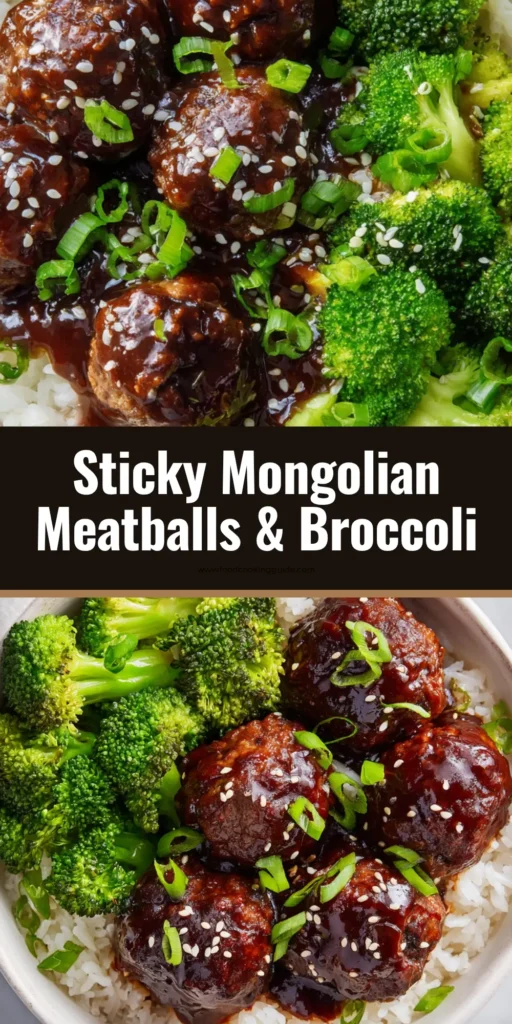 A shareable pin image showing a bowl of homemade Mongolian Meatballs with glossy sauce, broccoli, and rice, with text overlay.
